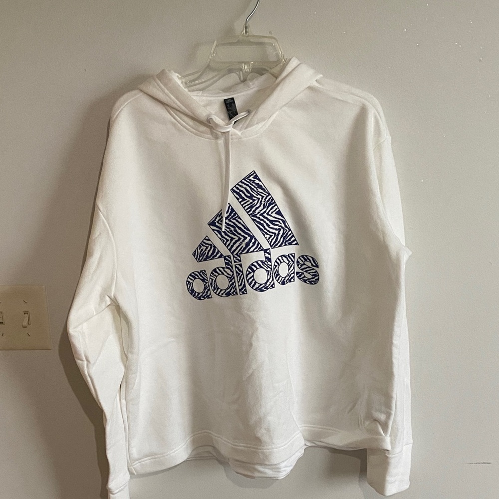 Adidas White Hoodie with Patterned Blue Logo